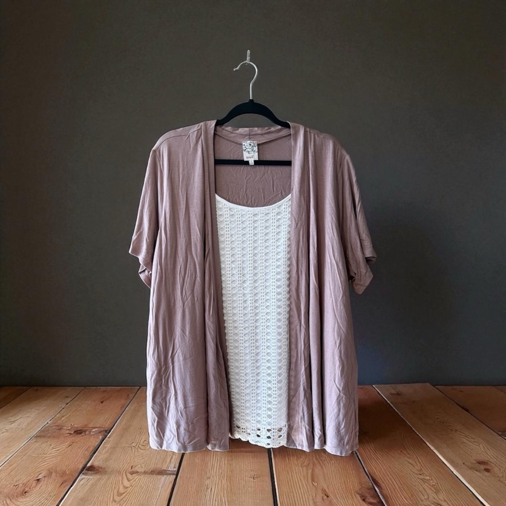 NAIF Blush-Taupe Cardigan Fooler Top with White Mesh Tank